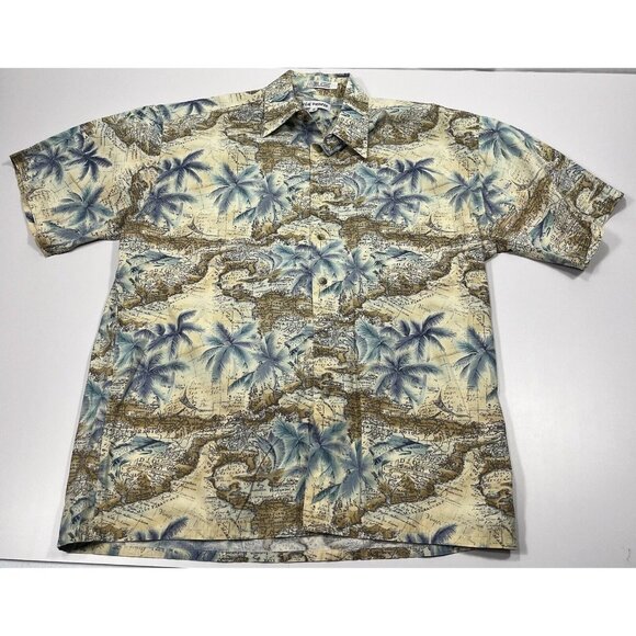 Via Veneto Shirt Men's M Beige & Blue Caribbean Map Palm Trees Button Down - Picture 1 of 8